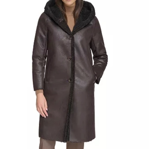 Calvin Klein brown faux leather shearling trimmed hooded coat - Picture 12 of 13